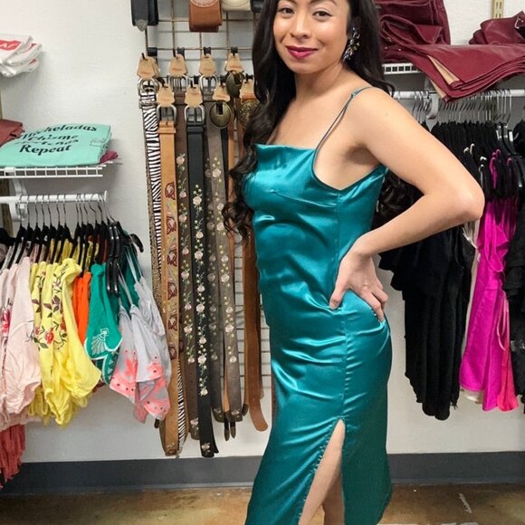 Emerald Green Satin Dress - Picture 3 of 6